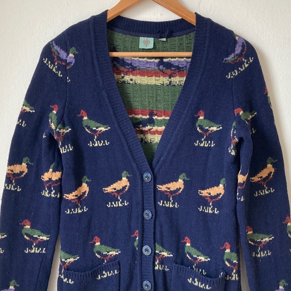 Anthropologie HWR Wool Cardigan Sweater Mallard Duck Print Size M - Picture 2 of 16